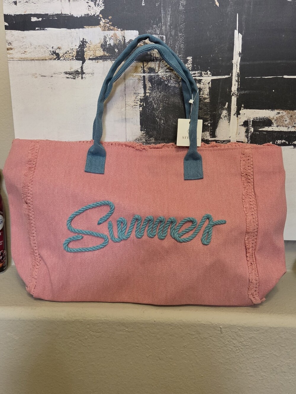 Styline Summer Embroidered Pink Tote with Teal Handles NEzw